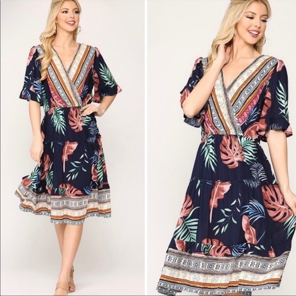Flowy Boho Mixed Print Tiered Ruffled Dress - Picture 6 of 6